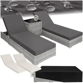 Tectake 2er Set Aluminium Rattan Sonnenliegen, wetterfest und UV-beständig, Tisch mit Staufach, inklusive 2 Bezugssets und Schutzhülle