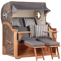 Mr. Deko MR. DEKO® Strandkorb Baltikum 2,5-Sitzer Teak | PE Geflecht Grey | Volllieger Strandkörbe aus Teakholz mit 2 Bullaugen & Fußablagen | Polster mit 4 Kissen | Strandstuhl (Dessin 544)