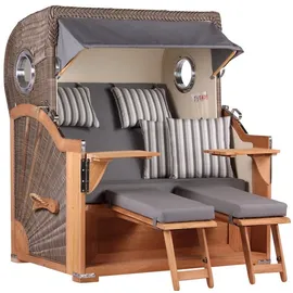 Mr. Deko MR. DEKO® Strandkorb Baltikum 2,5-Sitzer Teak | PE Geflecht Grey | Volllieger Strandkörbe aus Teakholz mit 2 Bullaugen & Fußablagen | Polster mit 4 Kissen | Strandstuhl (Dessin 544)