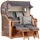 Mr. Deko MR. DEKO® Strandkorb Baltikum 2,5-Sitzer Teak | PE Geflecht Grey | Volllieger Strandkörbe aus Teakholz mit 2 Bullaugen & Fußablagen | Polster mit 4 Kissen | Strandstuhl (Dessin 544)