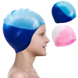 Alepo 2 Pack Badekappe Kinder Mädchen Jungen, Bademütze Langlebige Silikon Badekappe mit 3D-Ohrenschutz für Kleinkinder, schwimmkappe Lange Haare im Alter von 3–15 Jahren, Nasenclip-Blau