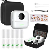 Mini Drucker mit Tasche, Mini Etikettendrucker Tasche Tragbarer Mini Fotodrucker 10 Rollen Druckerpapie Bluetooth Fotodrucker Thermodrucker für Lernhilfe Lernnotizen Journal Memo (White with Bag)