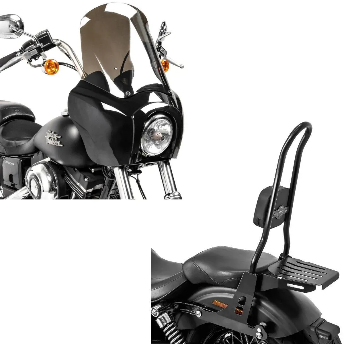 Sissybar passend für Harley Davidson Dyna Street Bob 06-08 passend für Harley Davidson Craftride Fast Rider-XL inkl. Gepäckträger schwarz + Frontverkleidung passend für Harley Davidson Dyna Low Rider / Street Bob Craftride MG5 mit Scheibe schwarz-rauchgra