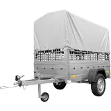 Unitrailer Auto Anhänger Garden Trailer 200 Kipp mit Stützrad, Grauer Hochplane, Gitteraufsatz; Autoanhänger 750kg Kipper mit Geriffelter Oberfläche der Bordwände und Abnehmbarer Bordwand