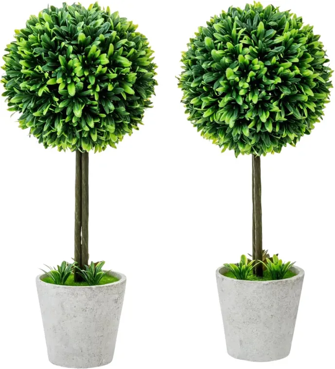 MyGift 37 cm Künstlicher Buchsbaum Topiary Baum - 2er Pack Topfpflanzen Kugeln in Grauem Zellstoff-Übertopf, Tischdekoration für Zuhause