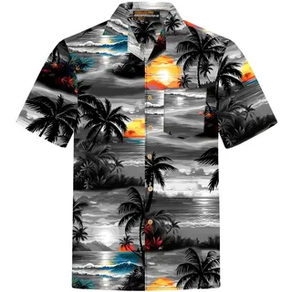 Hawaiihemdshop.de Hawaiihemd Hawaii Hemd Herren Baumwolle Kurzarm Hawaiihemd mit Palmen und Meer grau 8XL