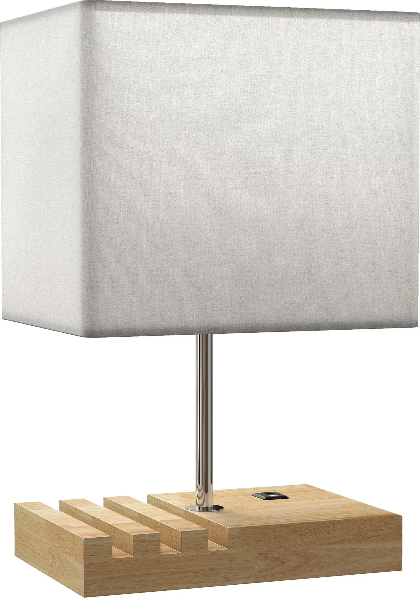 HOMCOM Tischlampe Schreibtischlampe mit E27-Fassung, USB-A+C-Ladeanschlüssen und 3 Handyhaltern, Nachttischlampe mit Massivholzfuß und Stoffschirm für Schlafzimmer Wohnzimmer, exkl. Glühbirne   Aosom