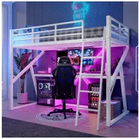 Flieks Hochbett LED Metallbett Kinderbett 90x200cm mit Rausfallschutz und Schreibtisch weiß