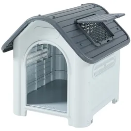 [en.casa] Hundehütte Outdoor Bello Hundehöhle wetterfest Hundehaus mit Dachluke und Lüftungsschlitzen 87 x 72 x 75 cm Kleintierhaus erhöhter Boden Kunststoff Weiß/Grau