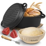 Gusseisen Topf zum Brot backen - Starter-Set mit Gärkorb, Bäckermesser und Brotrezepten - Idealer Brotbackfrom mit Deckel 26cm, Brottopf, Brotbacktopf, Gusseisen Bräter, Cast Iron Pot, Gusseisentopf