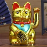 HEIBTENY 5" Solar Maneki Neko Winkekatze, Mini Solarbetriebene Fortune Cat Glücksbringer Mit Dem Winkenden Arm-Ausgangsanzeige-Auto-Dekor Begrüßen(Bright Gold)