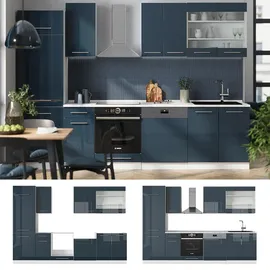 Vicco Küchenzeile Fame-Line 300 cm Dunkelblau Hochglanz/Weiß AP Eiche