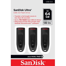 SanDisk Ultra [3-Pack] (64 GB, USB A, USB 3.0), USB Stick, Schwarz