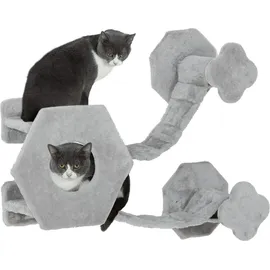 PawHut Katzen Kletterwand, Katzenliege mit Stufen, Katzenhöhle, Sprungturm, Spielzeugball, Katzenplattform für Katzen bis 5 kg, Hellgrau