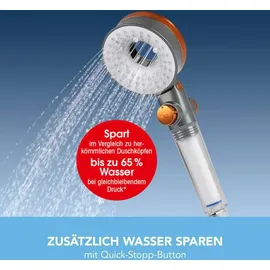 EasyMaxx Duschkopf Water-Control Bis zu 65% Wassersparen Spar Stopp Funktion 3 Strahl Modi Regendusche Turbo Brause optimaler Wasserdruck Bad [Silber]