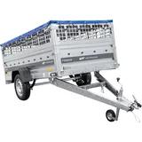 Einachsiger Anhänger auf Blattfedern 264x125 UNITRAILER FORCE 264/R KIPP mit Gitterseitenwänden, H-0-Rahmen und blauer Plane