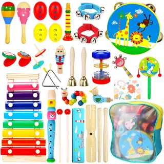 UCAMP 34 Stück Musikinstrumente Set für Kinder - Percussion und Holz Montessori Instrumente Mit Trommel