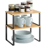 Songmics Gewürzregal, 2er Set Küchen-Organizer, Küchenregal, Schrank-Organizer Küche, erweiterbar, kleines Regal, stapelbar, Metall und Holzwerkstoff, tintenschwarz-naturbeige KCS02NB