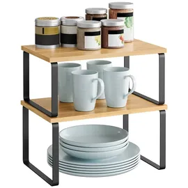 Songmics Gewürzregal, 2er Set Küchen-Organizer, Küchenregal, Schrank-Organizer Küche, erweiterbar, kleines Regal, stapelbar, Metall und Holzwerkstoff, tintenschwarz-naturbeige KCS02NB