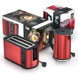Arendo Frühstücks-Set 2-teilig, 4-Scheiben Langschlitztoaster + Wasserkocher 1,5 Liter, Rot