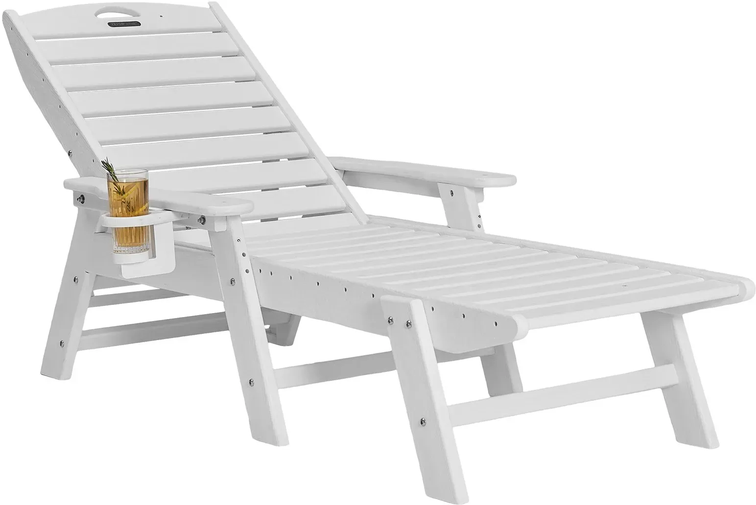 VEVOR Sonnenliege, 181kg Tragkraft, HDPE Gartenliege, Strandliege mit 6-fach verstellbarer Rückenlehne, Armlehne, Getränkehalter, Balkonliege, Terrassenliege für Pool, Terrasse, Patio, Rasen, Weiß