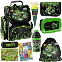 Goldkids Schulranzen Set ergonomischer Ranzen Federmappe Zuckertüte Turnbeutel Malunterlage Brotdose Trinkflasche Aufgabenheft für die Grundschule 9er Set... - Schwarz/Grün/Bunt