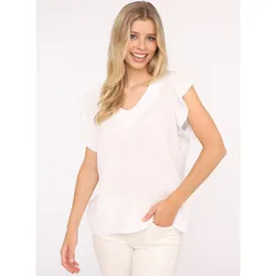 Kurzarmbluse ZWILLINGSHERZ ""Giselle"", Damen, weiß, Obermaterial: 100% Baumwolle, unifarben, modisch, bequem hüftlang, V-Ausschnitt, Kurzarm, Blusen, tiefer V-Ausschnitt, Rüschenärmel, Baumwolle