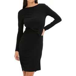 Damen nachhaltiges Jersey-Kleid Abend-Kleid mit Raffungen Mini-Kleid Basic-Kleid Langarm-Kleid 918975 Schwarz - 48/50