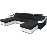 Ecksofa mit Schlaffunktion Geri U Wohnlandschaft Bettkasten Schlafsofa Verstellbare Kopfstützen Groß Big Sofa XXL Schwarz Weiß Schnelle Lieferzeit Schlafcouch 19 (Stoff Sawana 14 + Kunstleder weiß)