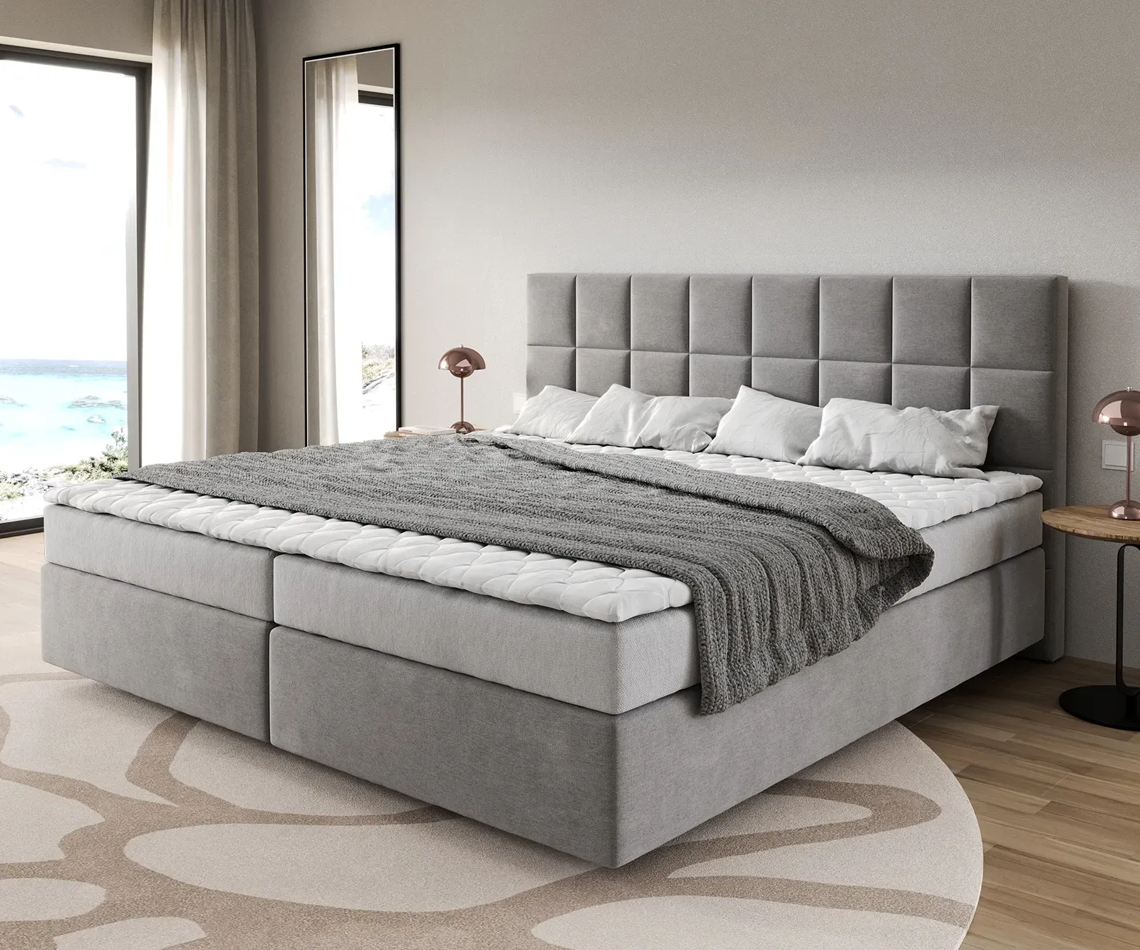 DELIFE Lit-à-sommier-tapissier Dream-Fine Microfibre Gris 200x200 cm Matelas Bonell Surmatelas PU, Lits à sommier tapissier