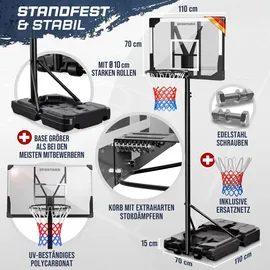 Sportana® Basketballkorb Outdoor höhenverstellbar 135 –305 cm stabil wetterfest mit Ständer 60 kg Sockel Rollen stoßdämpfender Ring Ø45 cm Hoop Kinder Erwachsene