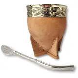 DUEVOLO - Hellbraun - Yerba Mate Gourd (Mate Cup) - Uruguayan Mate - Lederumwickelt - Inklusive Edelstahl-Bombilla (Mate Imperial) - Mate Cup und Bombilla Set (Guarda Pampa)