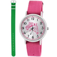 Pacific Time Kinder Armbanduhr Mädchen Junge Pferd Kinderuhr Set 2 Textil Armband rosa + grün analog Quarz 10556