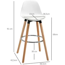 Homcom 2er-Set Barhocker mit Fußstützen Kunstleder Weiß 38,5 x 42,5 x 91 cm