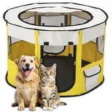 ALLSOPETS Faltbarer Haustierstall Tragbarer Katzen Laufstall Hunde Zelt Hundekäfig für Hund Welpe Freigehege Hundebox Kaninchen Zwinger mit Tragbar Handtasche (Gelb, XL)