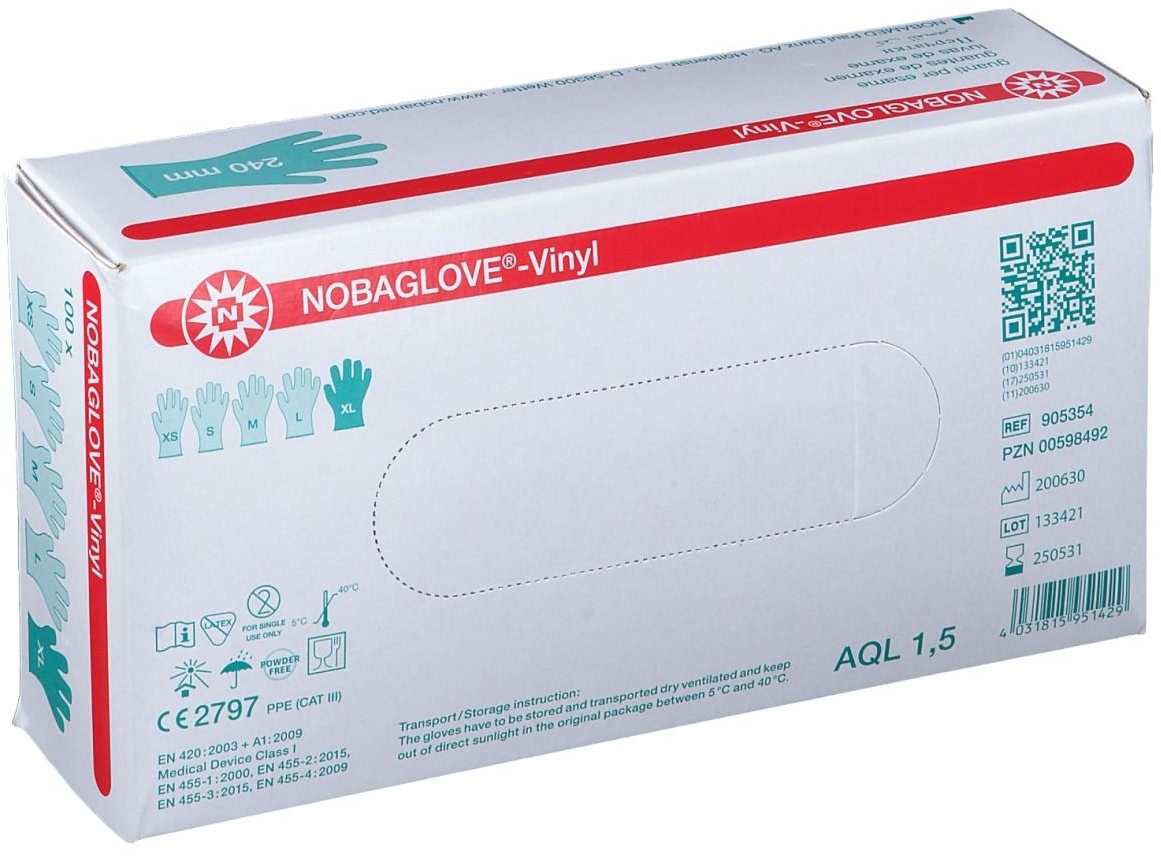 NOBAGLOVE® Vinyl Gant d'examen sans poudre en vinyle Taille XL 100 pc(s) gant(s)