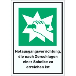 Notausgangsvorrichtung die nach Zerschlagen einer Scheibe zu erreichen ist Aufkleber A6 (105x148mm)