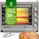TurboTronic 38 Liter Minibackofen mit Umluft und Drehspieß, Edelstahl, inkl. 2x Backblech, 2000W Mini Tisch Backofen Camping Pizzaofen Klein/Groß... - Silber