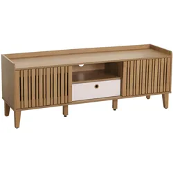 Mendler TV-Rack HWC-M48, Lowboard TV-Schrank, Schiebetür 56x150x40cm ~ natur, Schublade weiß