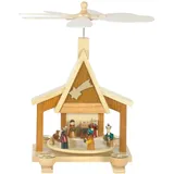 Weihnachts-Pyramide in Hausform, Krippenszene mit Königen, H: 28 cm, Natur, handbemalt im Kunsthandwerks-Stil