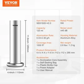 Vevor Duftluftmaschine für Zuhause, 120 ml Bluetooth Smart Kaltluftdiffusor, 93,4 m2 wasserloser Duftluftdiffusor für ätherische Öle, bodenstehende Aromatherapiemaschine für Spa, Yoga, Zuhause, Büro,