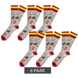 6 Paar Moustard San Fermin Baumwoll-Socken mit Stierkampf-Symbolen und Spanien-Flagge am Bund gemusterte lange Strümpfe 17SSFER Grau/Rot/Gelb - 41-46