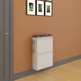 furni24 Schuhschrank Schmal – Platzsparender Metall-Schuhschrank mit Magnetklappen, Platz für 4-6 Paar Schuhe, Wandmontierbar und Vormontiert - 2 Klappen, Grau-Massivem Nussbaum