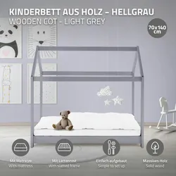 Kinderbett+Matratze Hausbett Bettgestell Holzbett Lattenrost Hellgrau 70x140 cm
