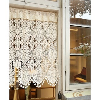 A.Monamour Gardine Scheibengardinen Transparente Beige Baumwolle Hohle Häkelspitze Bohemian Kurzvorhang Kurzgardinen Küchengardine Küchenvorhang Küche Vorhang Fenster Kurz Stores Bistrogardine