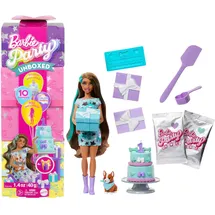 Barbie Party Unboxed Puppe und Accessoires, Haustier-Geburtstagsserie, Party Stars-Set mit 10 Überraschungen inklusive Farbwechseleffekt und Kuchendekoration, JFG72
