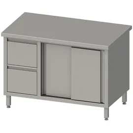 Stalgast Arbeitsschrank mit Schiebetüren, 1300x600x850 mm, mit 2er Schubladenblock links, ohne Aufkantung, verschweißt