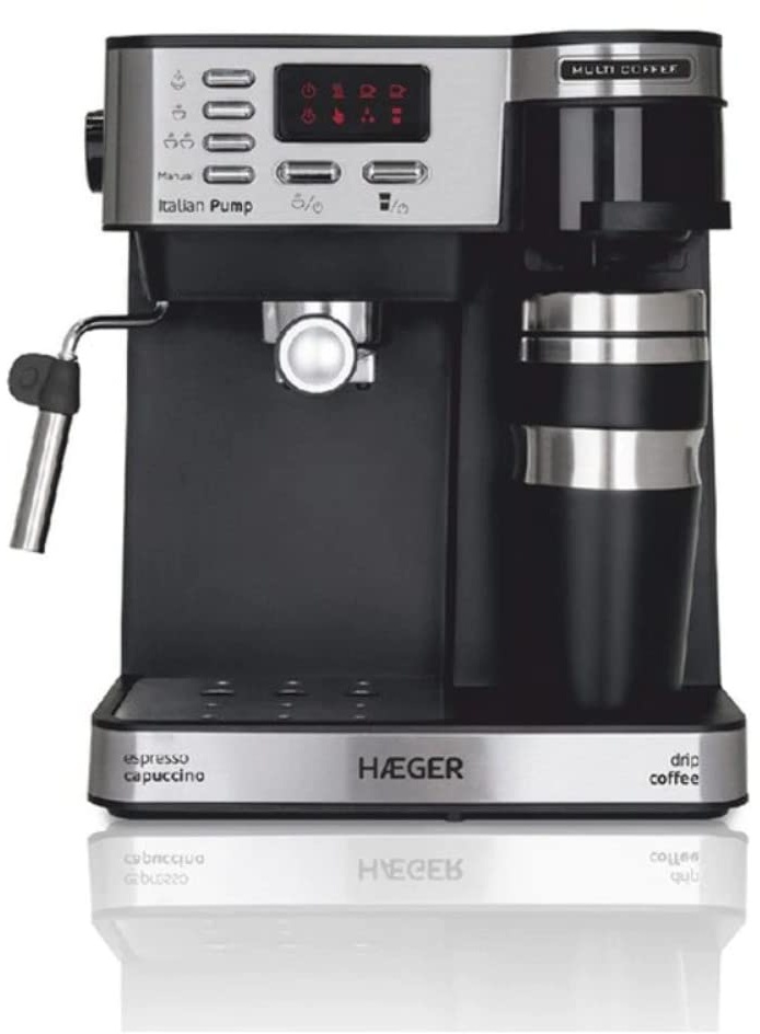 HAEGER Multi Coffee Espressomaschine mit 1450 W, Kapazität: 1,2 l, LED-Display, Schaumdüse und abnehmbare Tropfschale, herausnehmbarer und waschbarer Filterkorb.