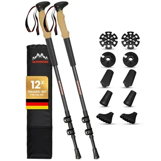 Alpenwert Wanderstöcke Teleskop Trekkingstöcke Nordic Walking Stöcke - Korkgriff zum Wandern (Premium Stöcke, Komplett Set 12 Teile), Wanderstöcke, ultraleicht, mit ergonomischen Korkgriffen