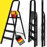Craftfull Stehleiter CF-133A, Aluminium-Haushaltsleiter, 2-6 Stufen, gummierte Standfüße, bis 150 kg (4 Stufen Black Edition)